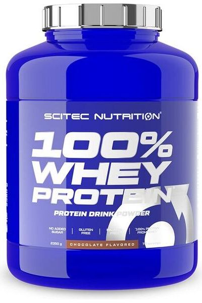 Scitec Nutrition 100% Whey Isolate protein powder container in blue, chocolate flavor, for muscle recovery.