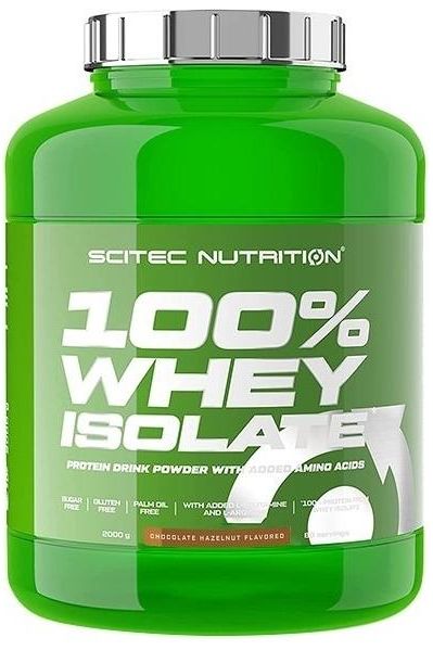Scitec Nutrition 100% Whey Isolate protein powder in green tub, chocolate hazelnut flavor for muscle recovery.