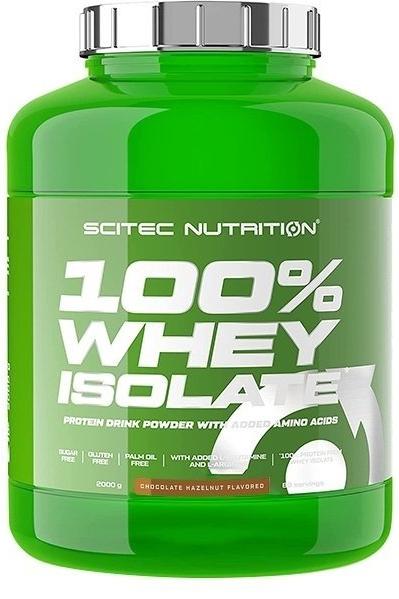 Scitec Nutrition 100% Whey Isolate protein powder in a green tub, chocolate hazelnut flavor, promoting muscle recovery.