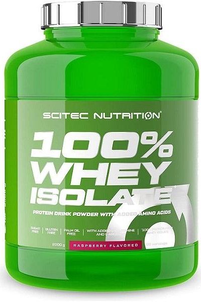 Scitec Nutrition 100% Whey Isolate protein powder jar, raspberry flavor for muscle recovery and growth.