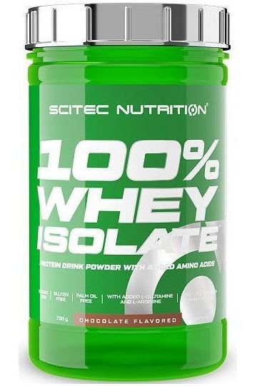 Scitec Nutrition 100% Whey Isolate protein supplement in a green container, chocolate flavored, with added amino acids.
