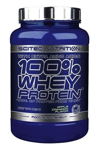Scitec Nutrition 100% Whey Protein in blue container with apple cinnamon flavor, 520g, a high-quality whey protein supplement.