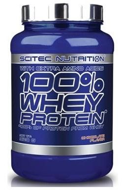 Scitec Nutrition 100% Whey Protein tub, high-quality whey protein with added amino acids for muscle support.