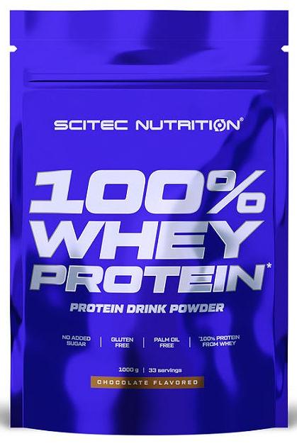 Scitec Nutrition 100% Whey Protein powder in a blue package, chocolate flavored, gluten-free, 33 servings.