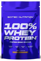 Scitec Nutrition 100% Whey Protein powder in a blue package, chocolate flavored, gluten-free, 33 servings.