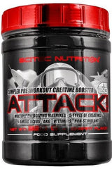 Scitec Nutrition Attack! 2.0 pre-workout creatine booster with 5 creatines and energizing ingredients in a black container.