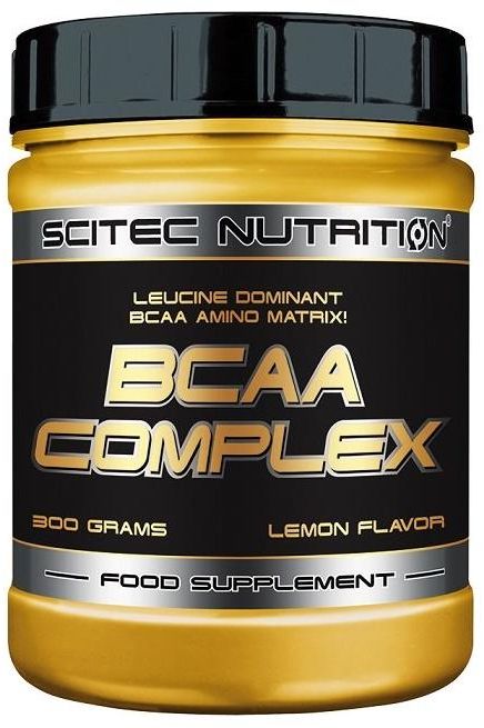 Scitec Nutrition BCAA Complex supplement in lemon flavor, 300 grams, designed for muscle recovery and energy boost.