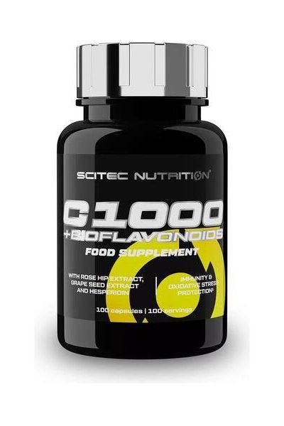 Scitec Nutrition C1000 + Bioflavonoids food supplement bottle with 100 capsules for immune support and oxidative stress protection.