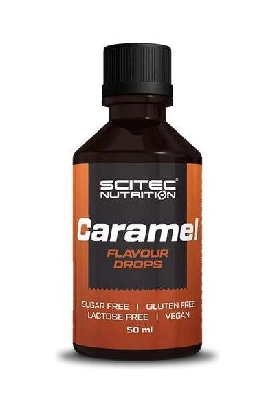 Scitec Nutrition Caramel Flavour Drops, vegan, sugar-free, gluten-free, 50ml bottle for flavoring food and drinks.