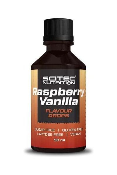 Scitec Nutrition Raspberry Vanilla Flavour Drops, sugar-free, gluten-free, lactose-free, vegan, 50 ml bottle.
