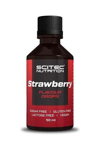 Scitec Nutrition Strawberry Flavour Drops, sugar-free, gluten-free, lactose-free, vegan, 50 ml bottle.