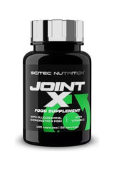Scitec Nutrition Joint-X supplement bottle with glucosamine, chondroitin, MSM, and vitamin C, 100 capsules.