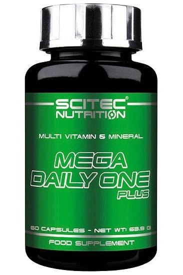 Scitec Nutrition Mega Daily One Plus multivitamin and mineral supplement in bottle, 60 capsules, green packaging.