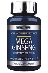 Scitec Nutrition Mega Ginseng bottle, featuring Korean ginseng extract, 100 capsules for energy and cognitive support.