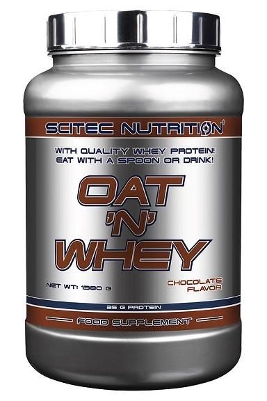 Scitec Nutrition Oat'n'Whey protein powder in chocolate flavor, 1850g food supplement packaging.