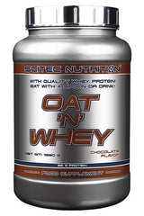 Scitec Nutrition Oat'n'Whey protein powder in chocolate flavor, 1850g food supplement packaging.