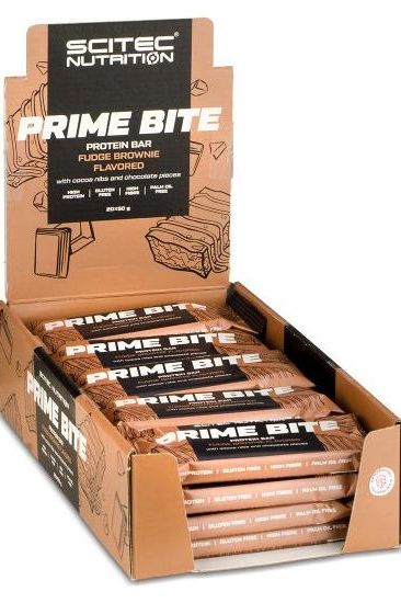 Scitec Nutrition Prime Bite protein bars packed in a display box, fudge brownie flavor, high in protein and gluten-free.