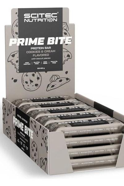 Scitec Nutrition Prime Bite protein bars in a display box with cookies and cream flavor.