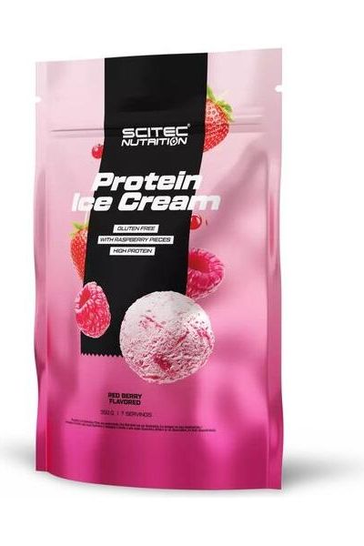 Scitec Nutrition Protein Ice Cream packaging with raspberry pieces, gluten-free and high-protein.