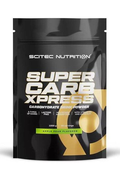 Scitec Nutrition Super Carb Xpress carbohydrate drink powder packaging, apple pear flavor, 1000g pouch.