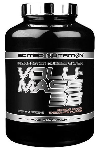 Scitec Nutrition Volumass 35 high-protein muscle gain supplement in a black container, chocolate flavor.