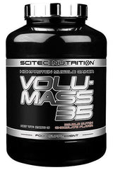 Scitec Nutrition Volumass 35 high-protein muscle gain supplement in a black container, chocolate flavor.