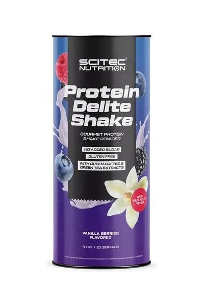 SciTec Protein Delite Shake packaging featuring blueberries, vanilla, and gluten-free ingredients.