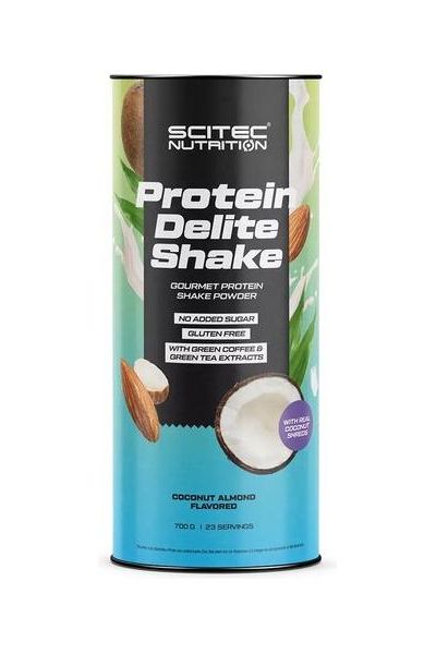 SciTec Protein Delite Shake powder in a can, gluten-free, coconut-almond flavor, with green tea and coffee extracts.