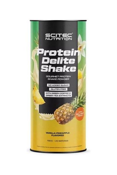 SciTec Protein Delite Shake powder in a can, featuring vanilla pineapple flavor, gluten-free and no added sugar.