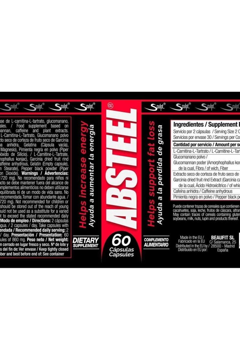 Absteel dietary supplement label featuring 60 capsules, designed to increase energy and support fat loss.