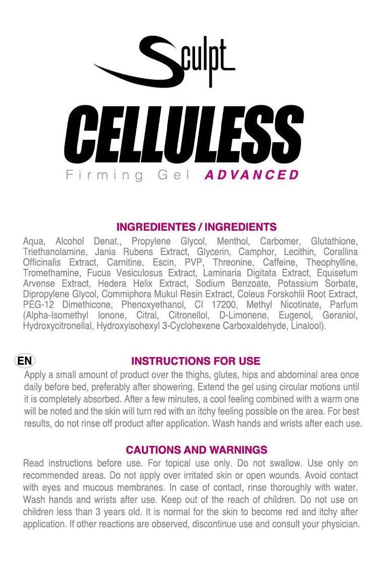 Sculpt Celluless Advanced 150 ml product label showcasing ingredients and instructions for use.