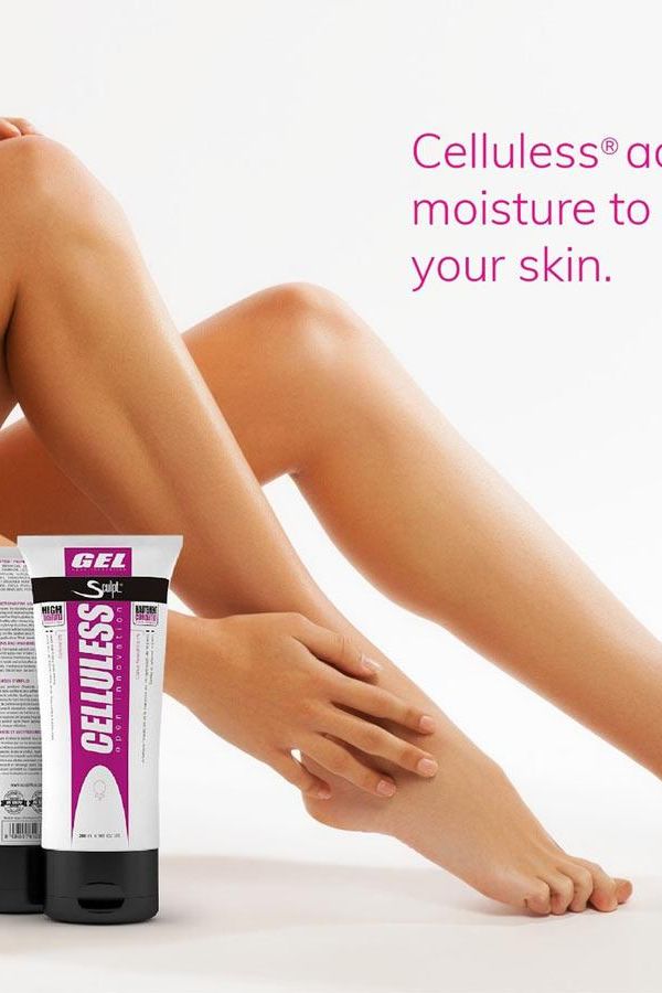 Sculpt - Celluless® gel promoting skin moisture with smooth legs in the background.