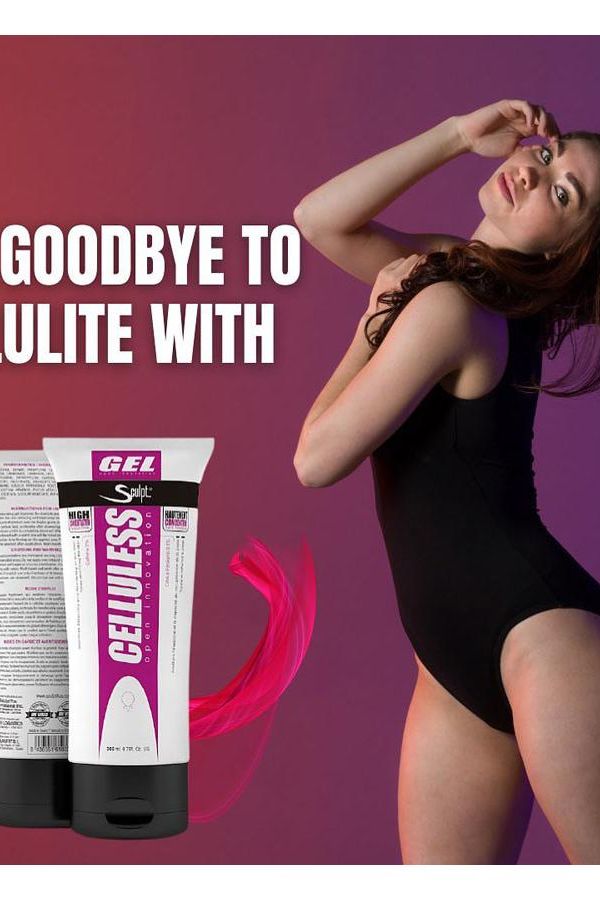 Woman in swimsuit promoting Sculpt - Celluless® gel for cellulite reduction with product display.