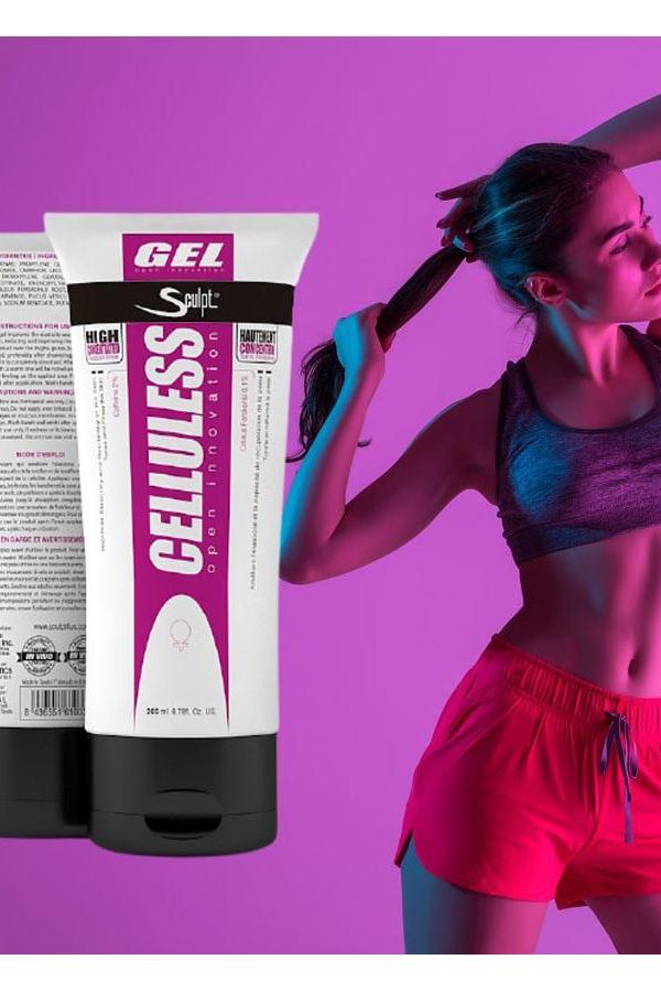 Sculpt - Celluless® gel tube with a fit woman exercising against a vibrant purple background.