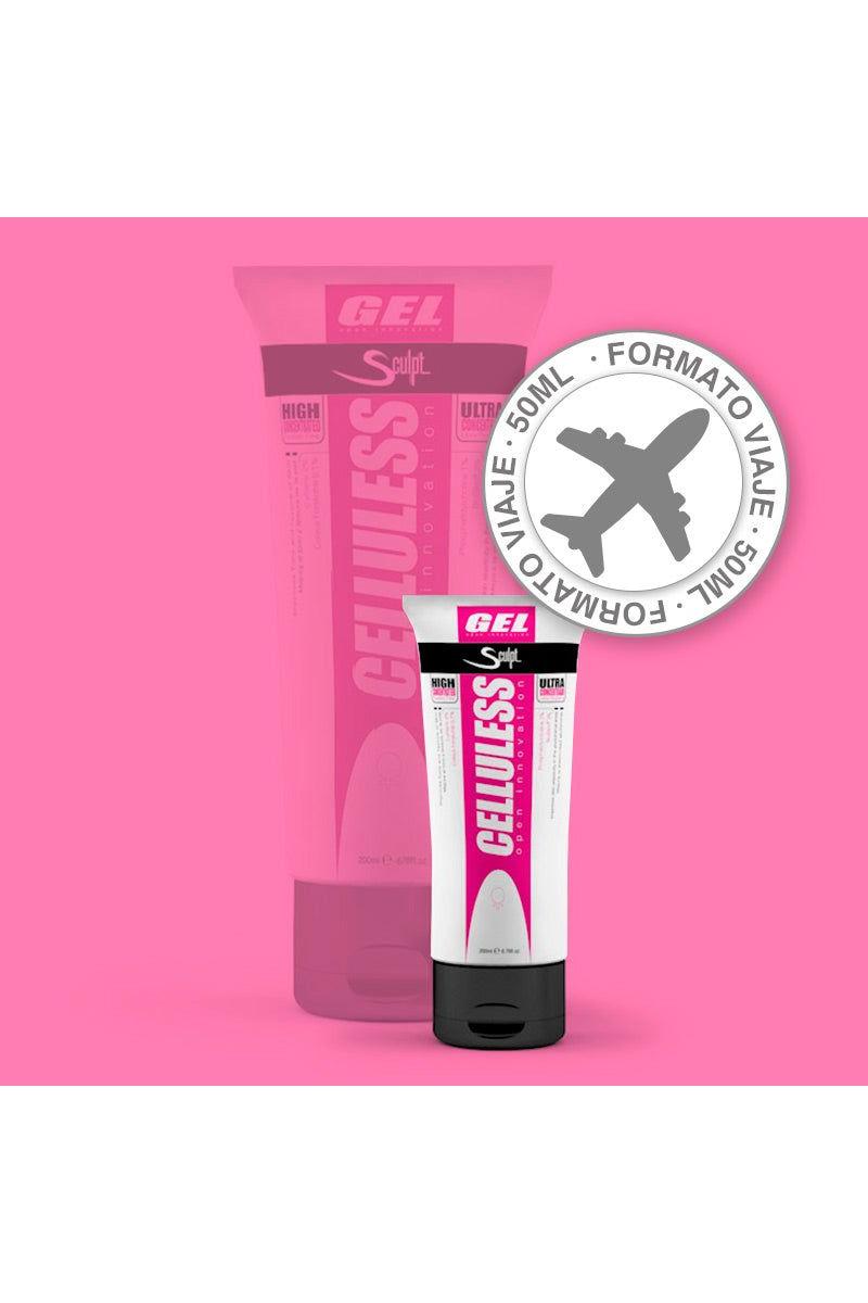 Sculpt - Celluless® gel packaging, effective for reducing belly and hip fat, 50ml travel size with no parabens.