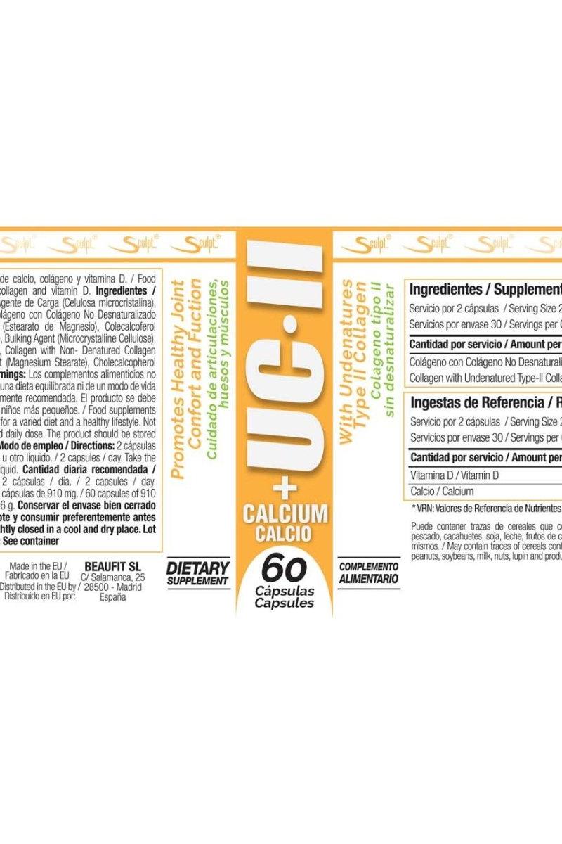 Sculpt UC-II + Calcium supplement label, 60 capsules promoting joint comfort and mobility.