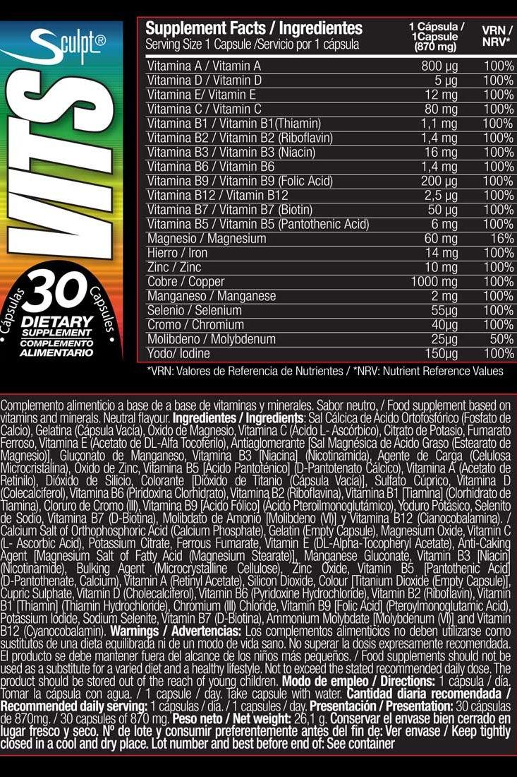 Supplement facts for Sculpt Vits & Minerals, detailing vitamins and minerals in 30 capsules for immune support and energy.