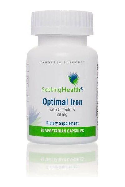 Seeking Health Optimal Iron dietary supplement bottle with 90 vegetarian capsules for healthy iron levels.