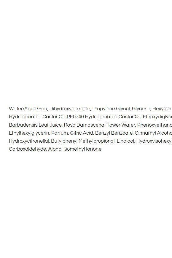 Ingredients list for Clearly Bronze self-tanning water, featuring natural extracts and enhancing moisturizers.