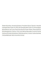 Ingredients list for Clearly Bronze self-tanning water, featuring natural extracts and enhancing moisturizers.