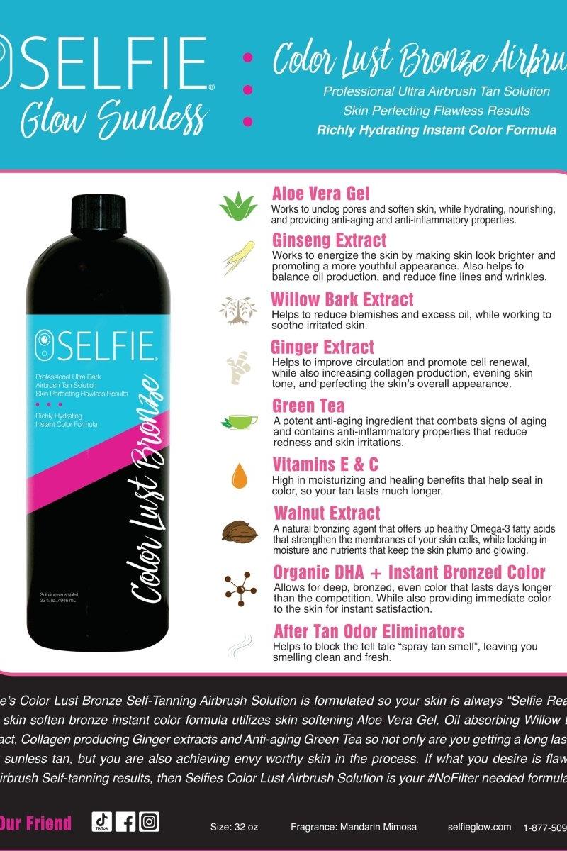 Selfie Color Lust Bronze Airbrush Solution 1 gal, enriched with Aloe Vera, Ginger, and Green Tea for a flawless tan.