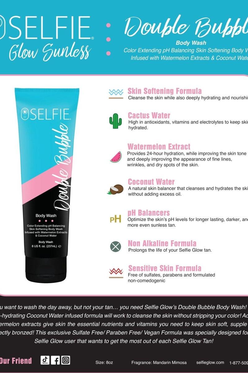 Selfie Glow Double Bubble Body Wash tube with benefits for skin hydration and nourishment, featuring watermelon and coconut water.