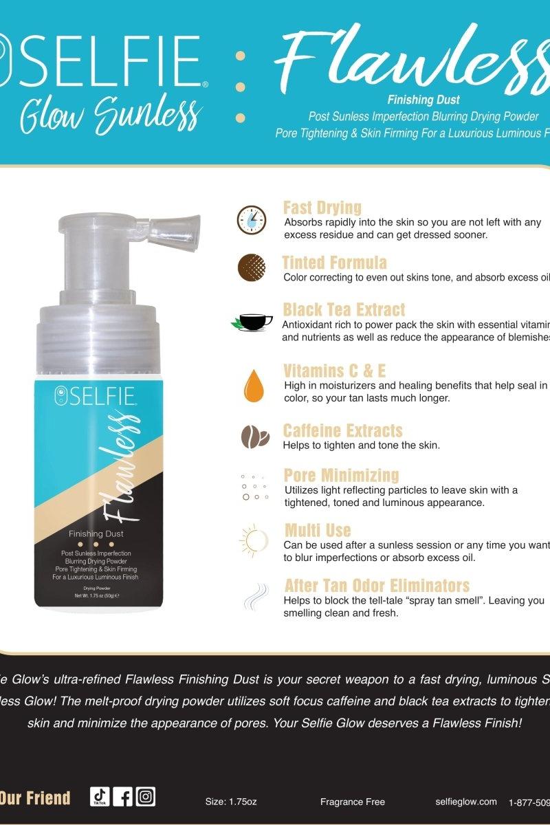 Selfie Glow Flawless Finishing Dust packaging with benefits, features, and ingredients listed, 50g product.