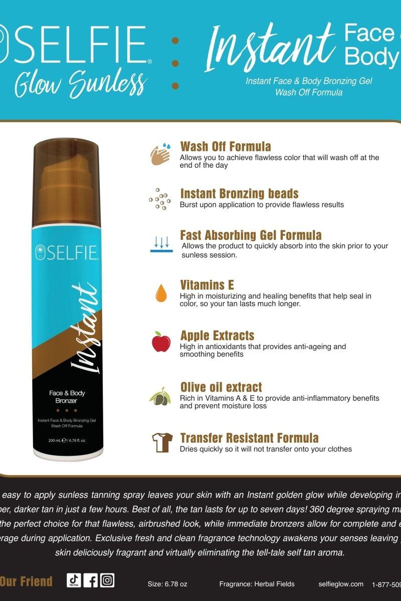 Selfie Instant Body Bronzer gel bottle 200ml showcasing wash off formula and skin benefits.