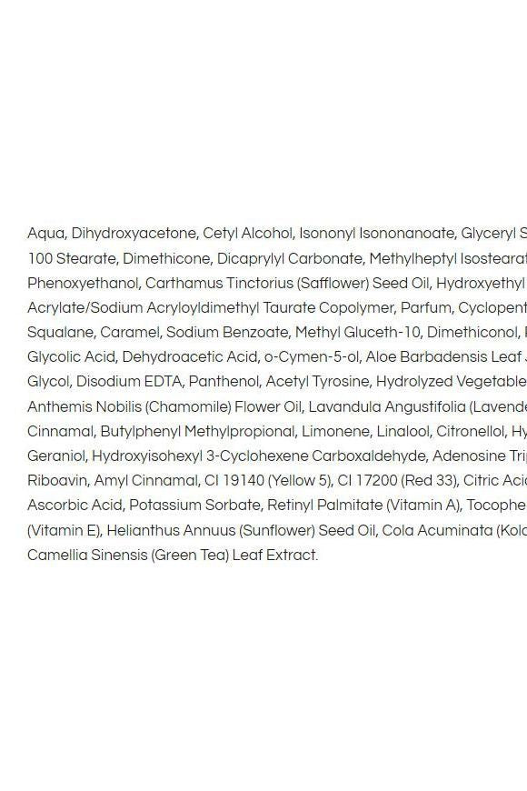 Ingredients list for Selfie Night Tan Overnight Sunless Lotion - 200 ml, including natural extracts and vitamins.