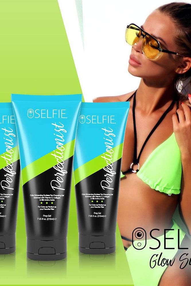 Selfie Perfectionist Prep Gel in vibrant tubes, showcased with a model in a bikini, promoting skin hydration and youthfulness.