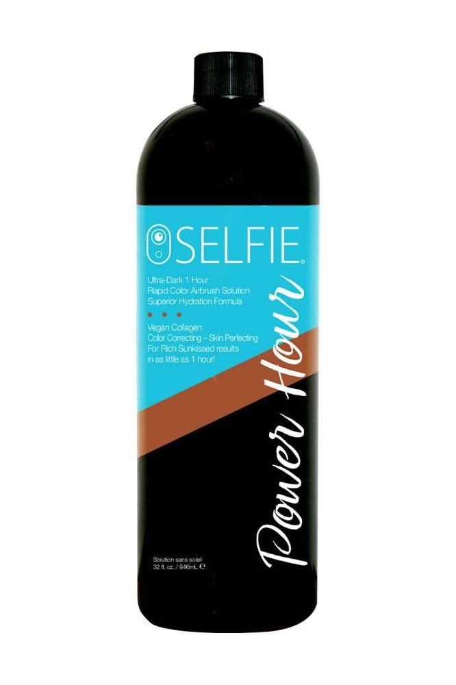 Selfie Power Hour Airbrush Solution bottle, 946 ml, ultra-dark color, rapid hydration formula, vegan collagen.