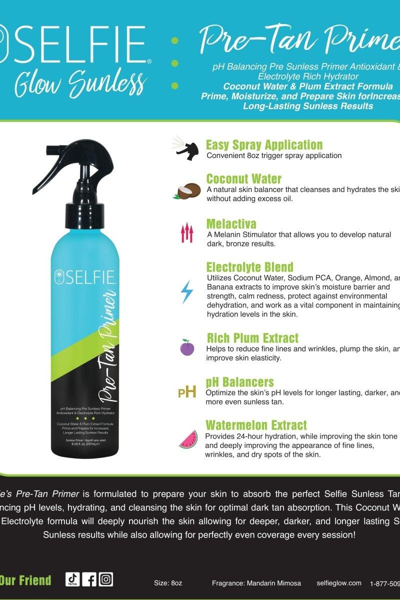 Selfie Pre-Tan Primer product image, 1 gal spray bottle, features coconut water and antioxidant-rich formula for sunless tanning.