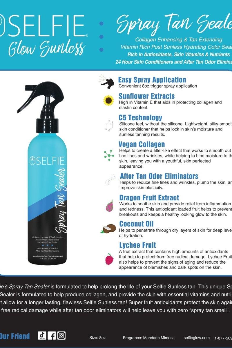 Selfie Spray Tan Sealer in a spray bottle, designed to extend spray tan and improve collagen production, 237 ml.