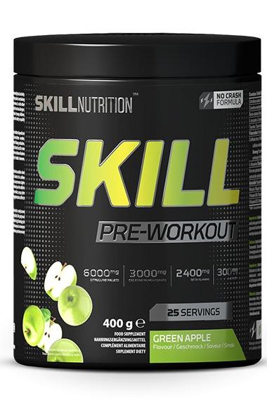 Skill Nutrition Pre-Workout in Green Apple flavor, 400g container, advanced no-crash formula, 25 servings.